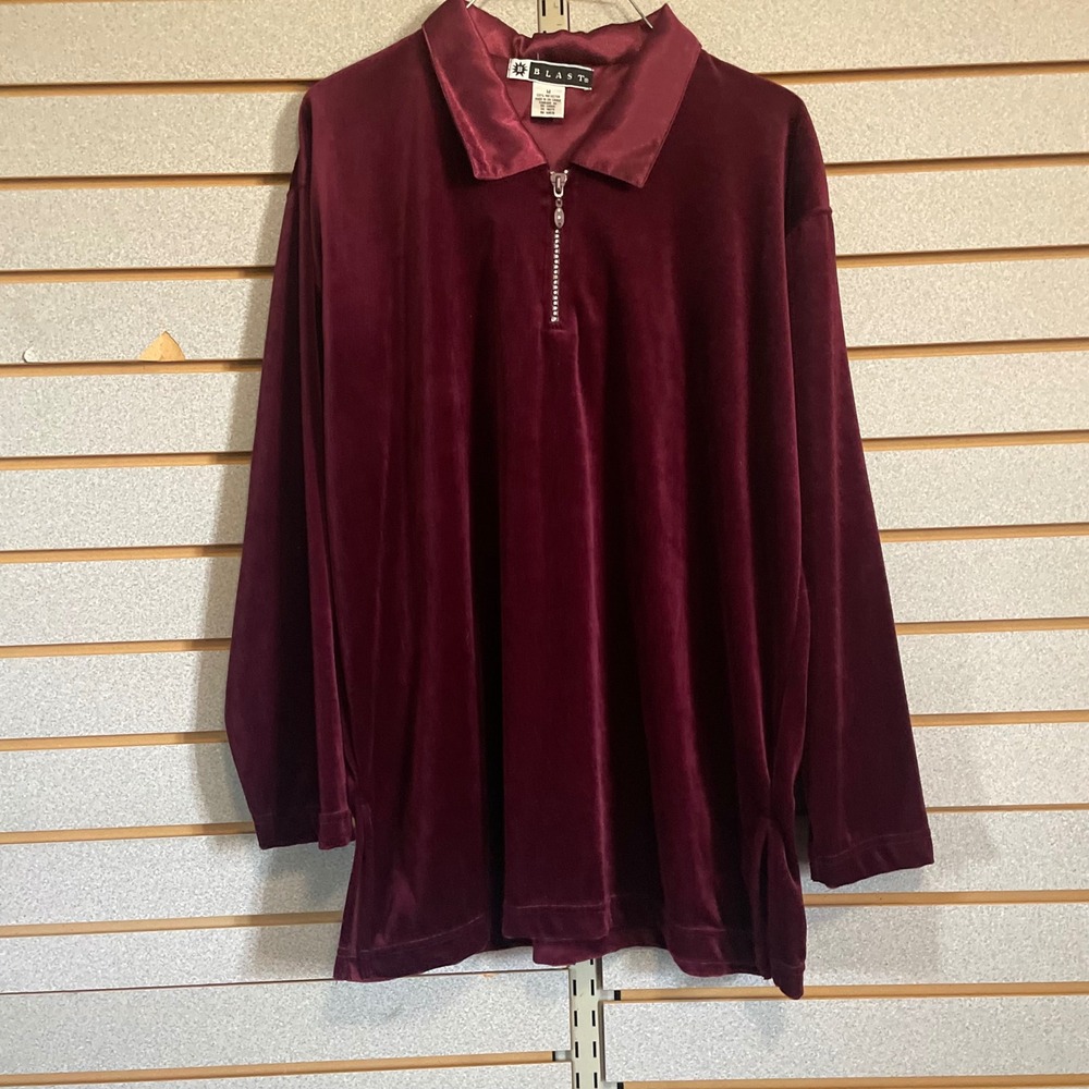 Blast Velour Top Womens Medium Burgundy‎ Long Sleeve Quarter Zip Blouse